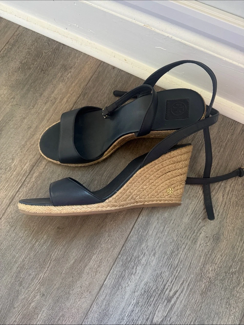 Tory Burch Black Leather Espadrille Sandals with Ankle Strap